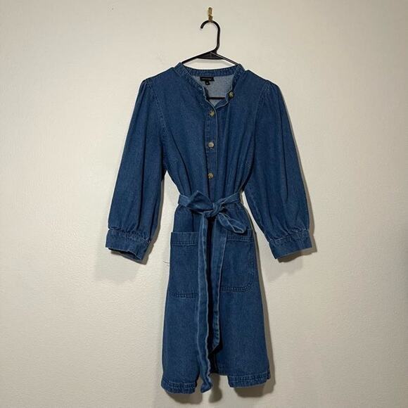 Who Wear What Denim Tie Waist 3/4 Puff Sleeve Mini Dress - Large‎ - Picture 2 of 4